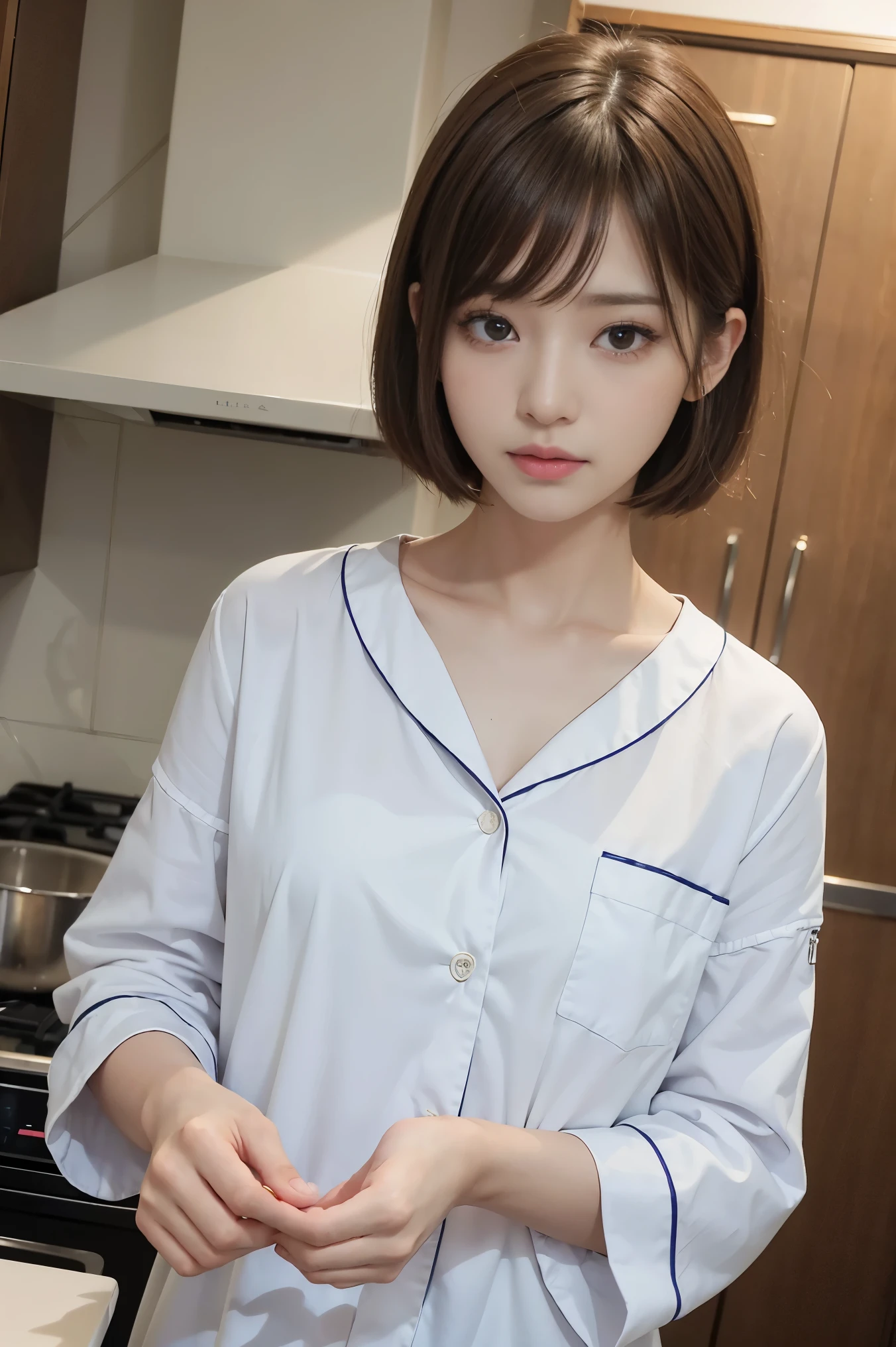 Cute 21 years old Japan、kitchin、cuisine、s Pajamas、Super Detail Face、Eye of Detail、double eyelid、beautiful thin nose、sharp focus:1.2、prety woman:1.4、(light brown hair,Shortcut Hair, ),fair white skin、top-quality、masterpiece、超A high resolution、(Photorealsitic:1.4)、