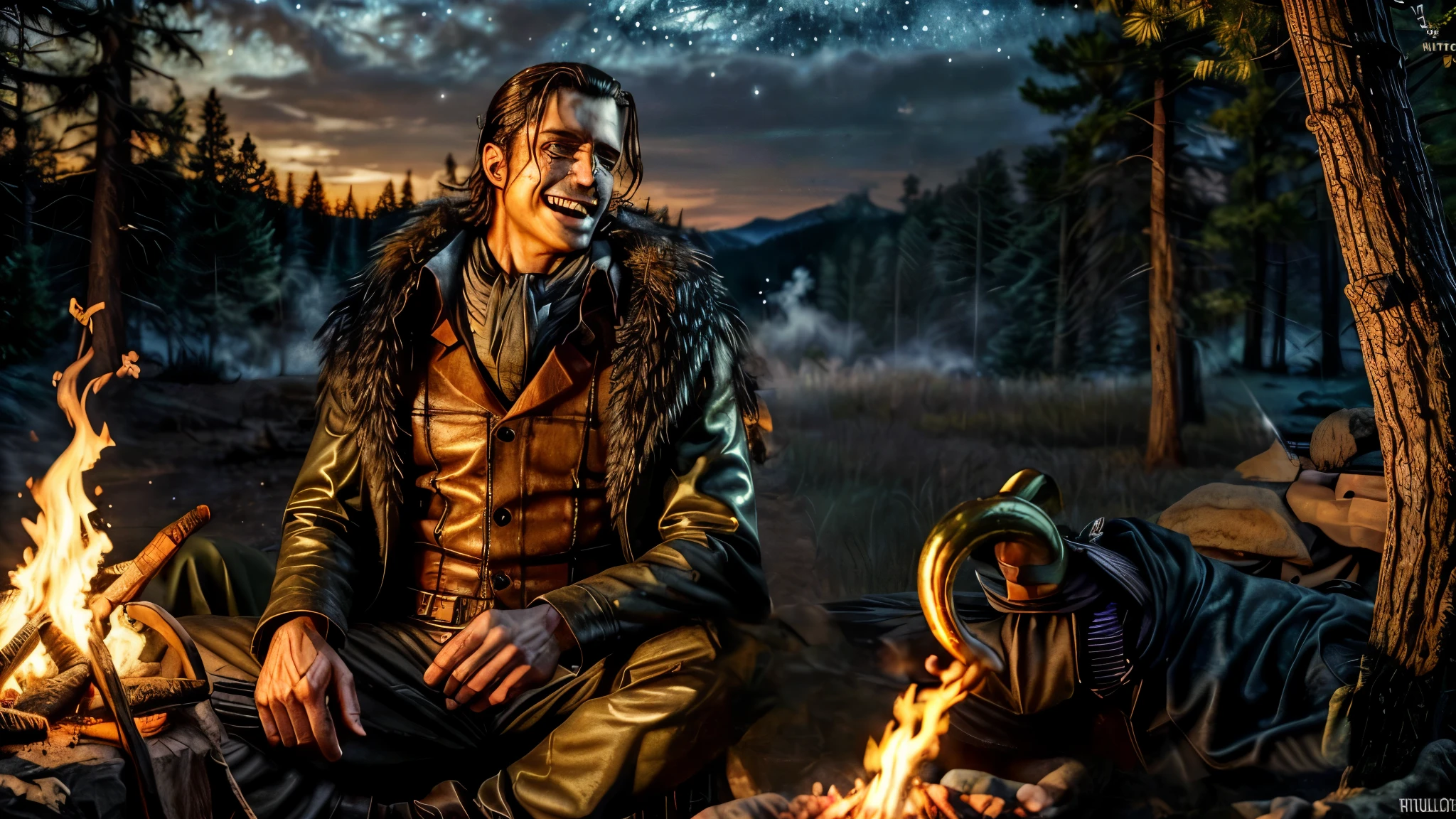 masterpiece, best quality, extremely detailed, hyperrealistic, photorealistic, a cool 40s man, ultra detailed face:1.3, fur-trimmed coat, scarf around the neck, his left hand is a golden pirate hook:1.1, cigar, in the night:1.2, warm hue, warm tone, with stars and milky way trails:1.1 sitting near campfire, in a forest, real steam visible, smoke, shadows, tent, dynamic pose, laughing