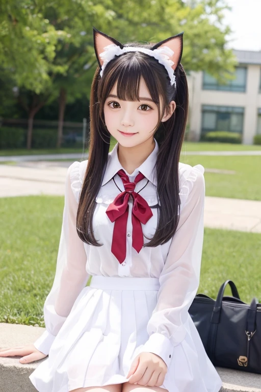 Cute Girls、high school girl、Idol、uniform、See-through、Fluttering in the wind、White cat ears、sit