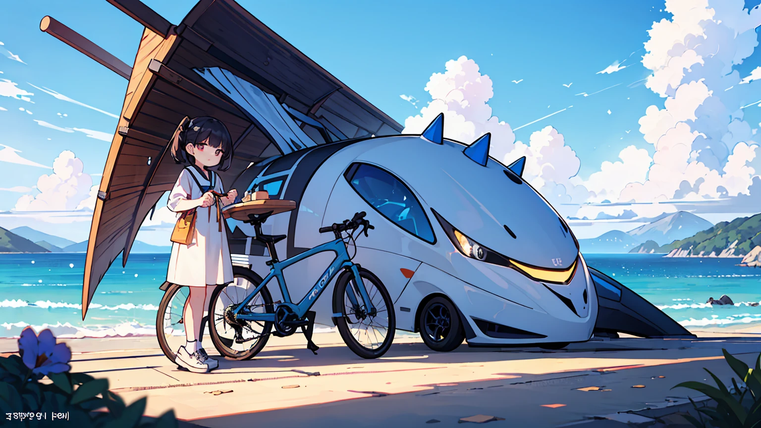 ((걸작,최고의 품질)),Create an image of a person standing next to a bicycle on an open road, gazing at the horizon where a clear blue sky dotted with clouds meets the calm sea. conveying a sense of tranquility and introspection,언덕에서 내려가는,아스팔트길