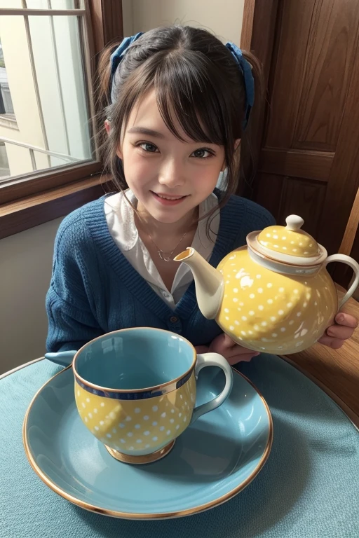 happy with a tea set, all blue, with yellow polka dots.