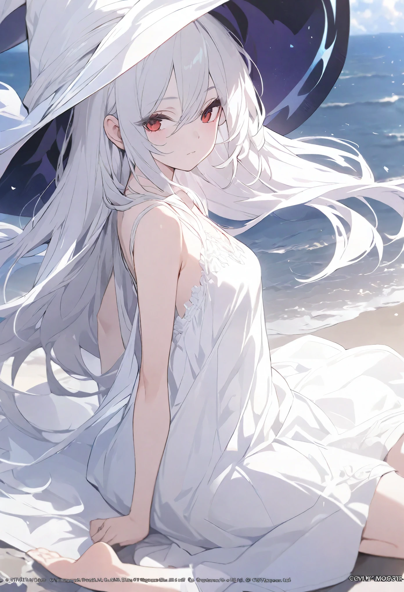 masterpiece,Top quality,best quality,Official Art,Beautiful and discerning,Extremely detailed(Fractal Art 1.2),rich and colorful,The most detailed,A girl,Expressionless,long white hair,long bangs,bright red eyes,pale albinism,barefoot,Wearing a pure white summer dress,Wearing a coat that is not the right size,Wearing a witch hat,Turn your back to the audience