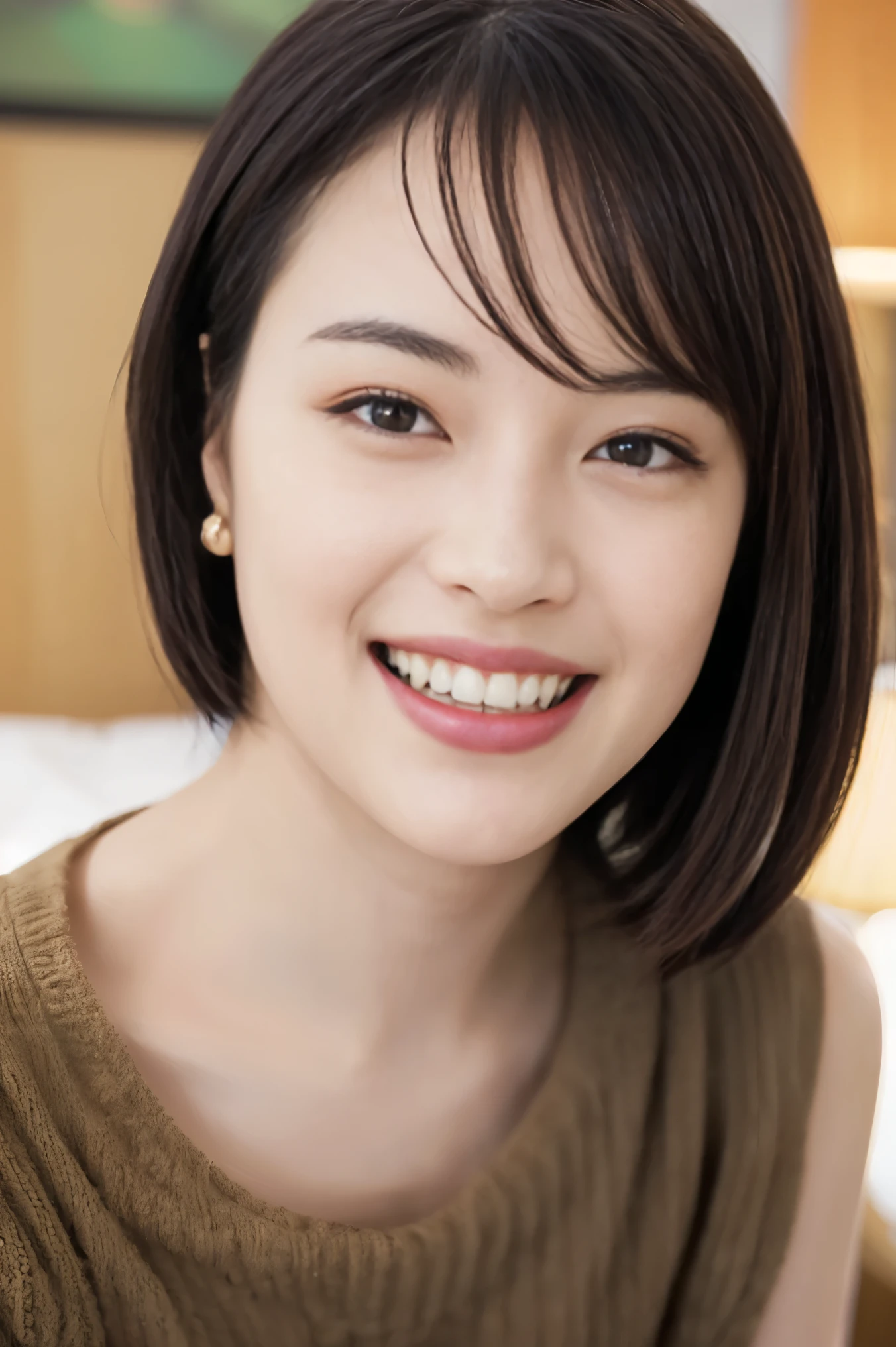 (Realistic、photo Realistic:1.37)、1 girl、23 years old、(Bob Hair, Shortcuts, Brown Hair)、lying on a bed, (Sex in a hotel bed: 1.4)、(Browsing Caution:1.3), Beautiful breasts, Beautiful Skin, blush, Squint your eyes、Grinning face、Make eye contact with the camera、Very detailed、super high quality