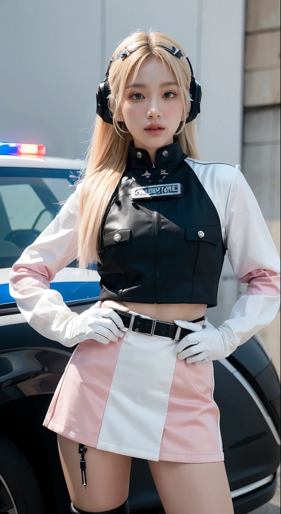 (Top Quality, Ultra High Definition, Photorealistic:1.4), (cowboy shot:1), 1 Beautiful Armed Girl, (Kpop Idol), Detailed Face, (Hair Style: long hair blonde:1, fullbang, shortbob-style:1), Contrapposto, Perfect Anatomy, ((wearing Futuristic Police Racing Suits, low-mini-skirt, police wappen, High-tech Headset, military harness, racing gloves, )), (Cloths colors based on silver pink black white), (background, crashed cars, fire, (Explosion)),