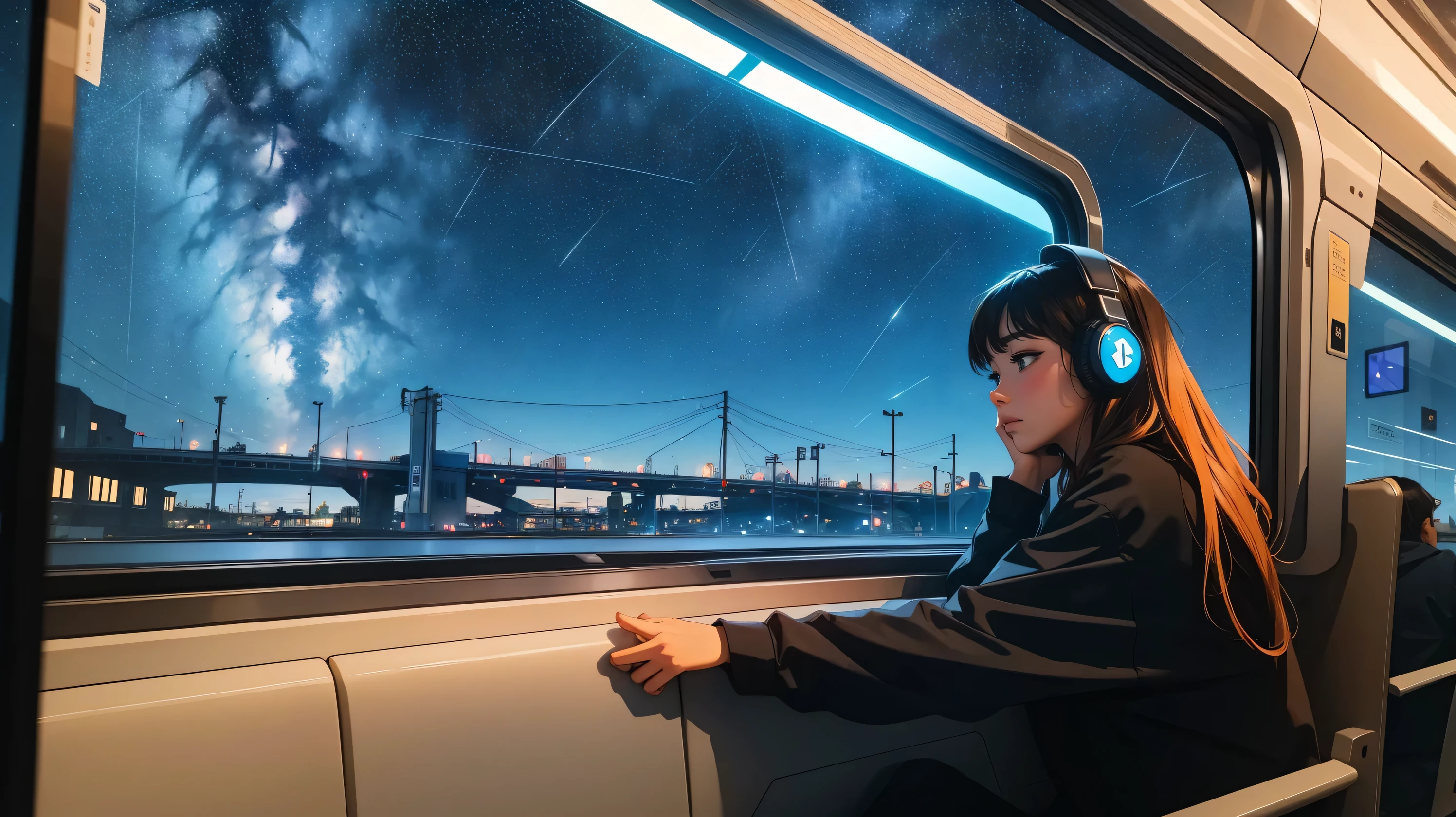 train,  Sit by the window,  Adopt a pensive posture, Stargazing, His head was stuck in the glass, Put on headphones, Scenery passing by at high speed, Night Travel, Beautiful starry sky, beautiful girl, UHD Portrait, (high quality) (Super detailed) Observation of viewers wearing hip-hop street fashion; different, colorful, Long hair in color 🌈