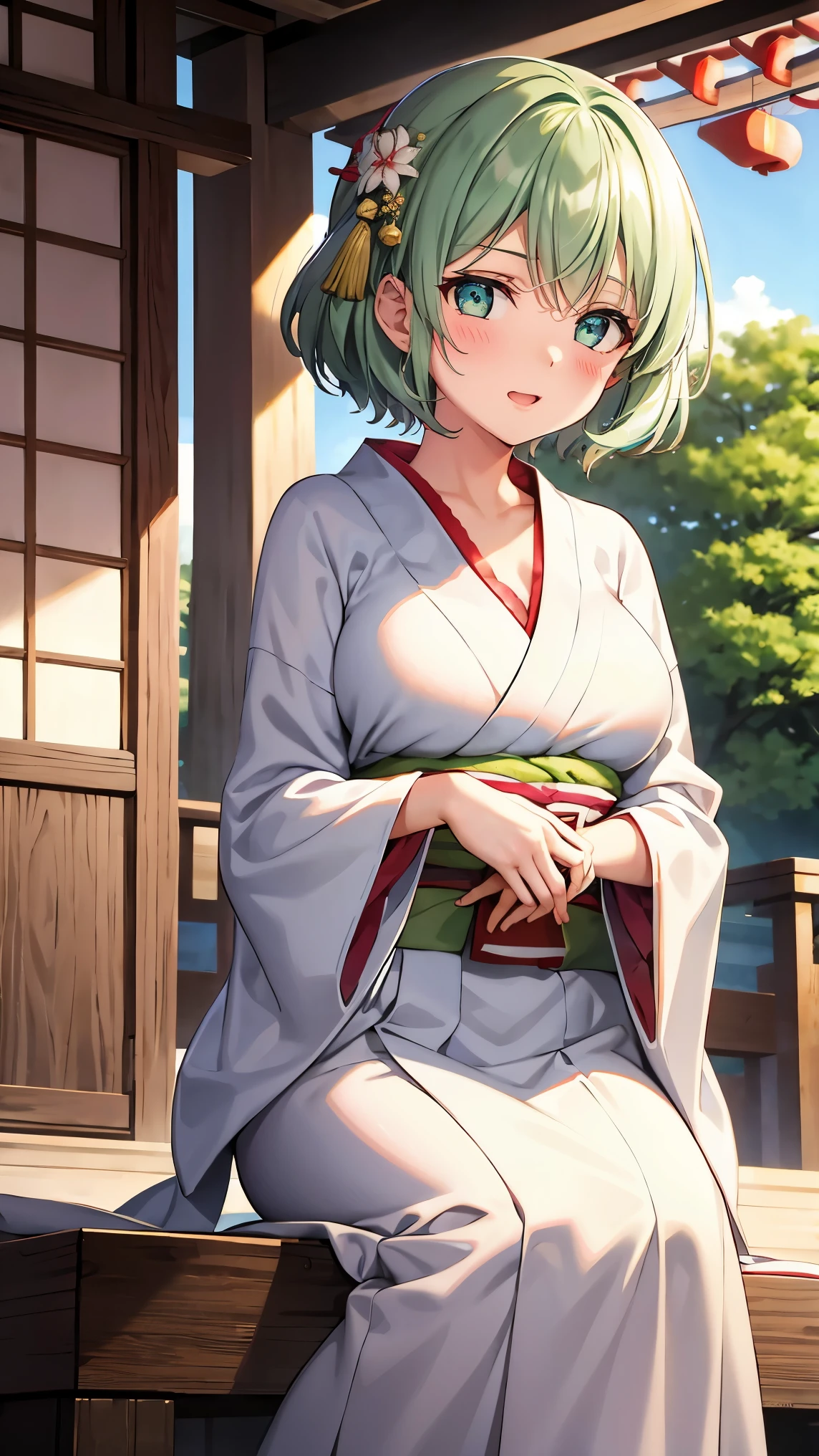 Girl with short green hair, Small breasts, Green Eyes, White Casual Beauty Special、(((tits))),Full body photo from head to toe、Kimono、Patterned Japanese clothing、Cherry tree in full bloom、Fluttering petals、、Graceful Manners、Playing the shamisen、Playing in a Japanese-style room、play a sound、Japanese Instruments、Play a musical instrument