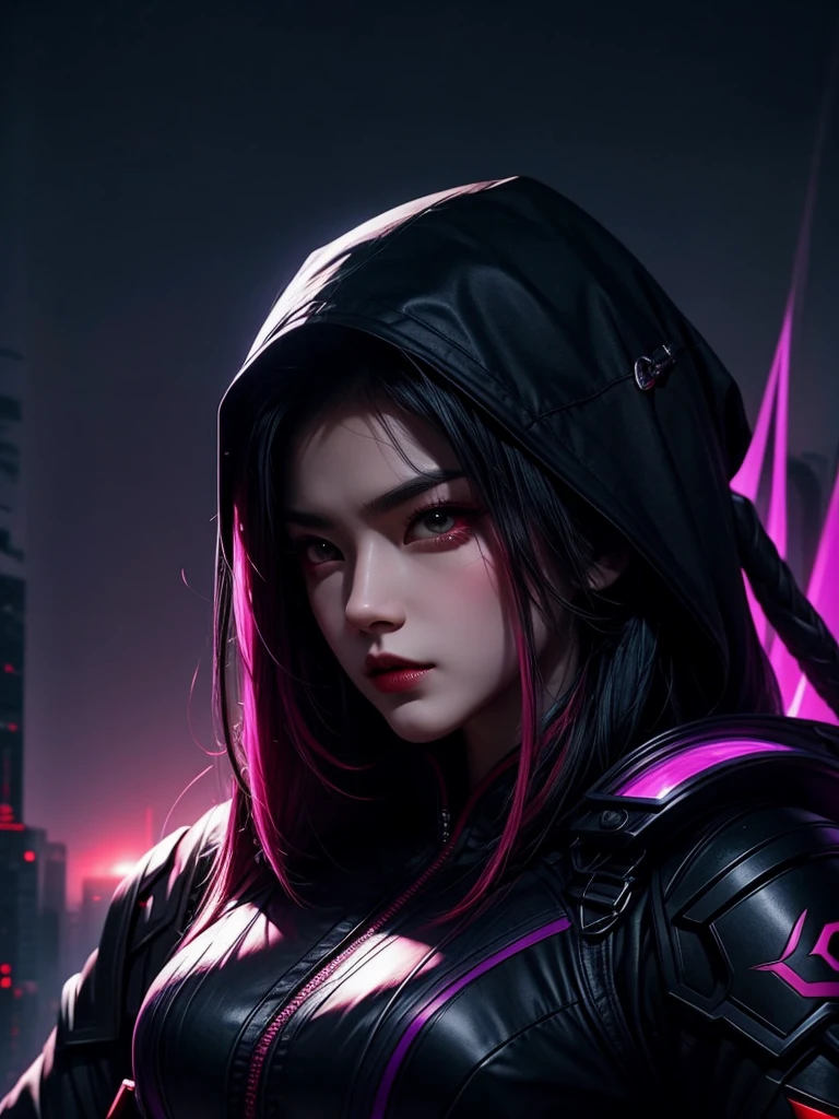 a female assassin ninja in purple and black ninja outfit, at night, black and red buildings , dark foggy sky, cyberpunk, fluorescent light, dynamic color palettes, red sky, red clouds, red moon, ominous weather, raining, anime inspired, hybrid art, (hyperrealism:0.5), akali , league of legends,