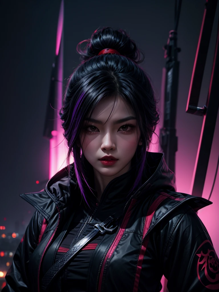 a female assassin ninja in purple and black ninja outfit, at night, black and red buildings , dark foggy sky, cyberpunk, fluorescent light, dynamic color palettes, red sky, red clouds, red moon, ominous weather, raining, anime inspired, hybrid art, (hyperrealism:0.5), akali , league of legends,