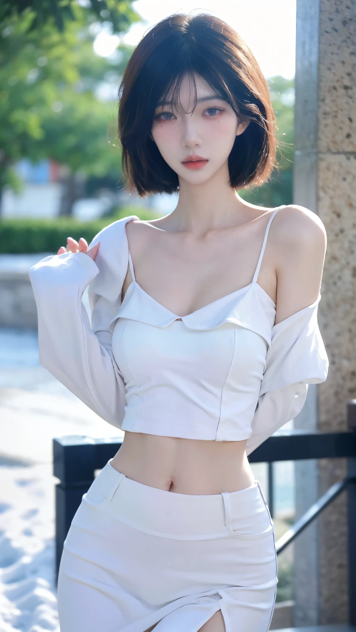 Beautiful woman with perfect figure:1.4，snow，Touching butt with both hands，snow background，Layered Hairstyle，White skin，Prominent cleavage，Pleated Skirt，whole body，Very delicate face and skin texture，Double eyelids，Skin Whitening，Long white hair