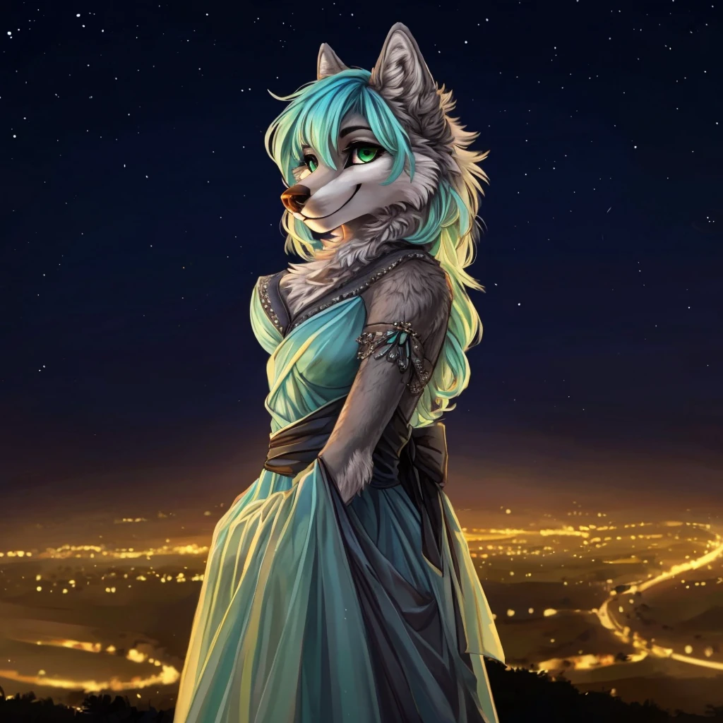 a medium close up of an anthropomorphic grey wolf lady, dressed with a elegant dress, she has cyan hair and green eyes, closed smile, high quality furry art, night sky background.