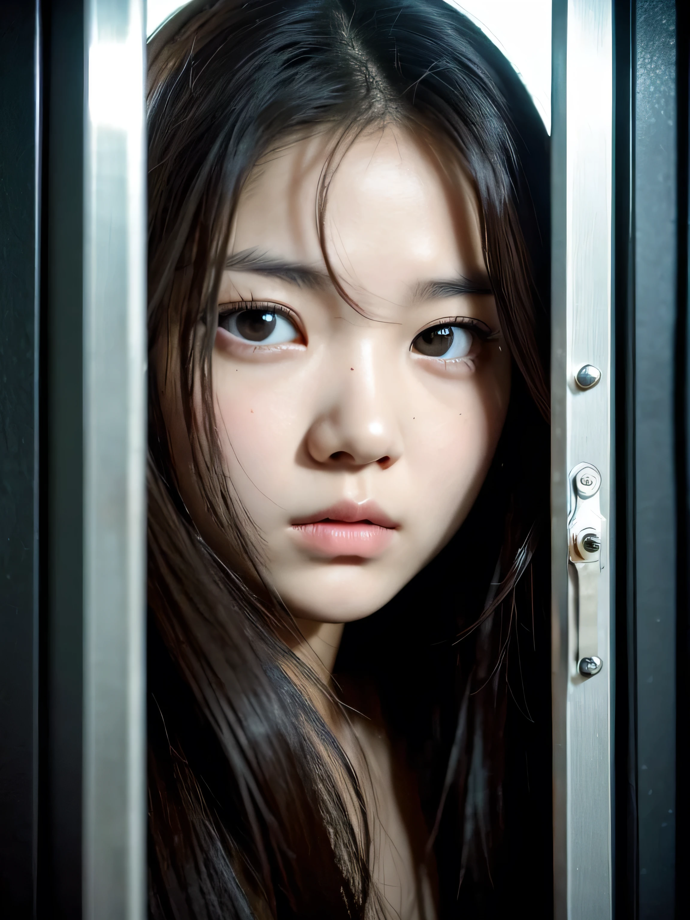 A close-up shot captures the defiant spirit of a stunning female , her long hair tangled amidst the metal grates of her cell door. Her piercing black eyes flash with determination as she gazes directly at the camera, soft focus and warm lighting highlighting her porcelain skin and full lips. , a testament to her unyielding resolve.