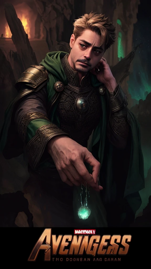 Poster for the film 'Avengers: Doomsday,' featuring Doctor Doom portrayed by Robert Downey Jr. He is dressed in the iconic green cloak and armor of Doctor Doom, with intricate metalwork and his distinctive mask. Robert Downey Jr. is holding Doctor Doom's mask in one hand, with a commanding and intense expression. The background showcases a dramatic scene of multiverse destruction, with collapsing dimensions, swirling cosmic energies, and shattered realities. The atmosphere is dark and foreboding, with a color palette reflecting chaos and devastation. The title 'Avengers: Doomsday' is prominently displayed in a bold, impactful font."