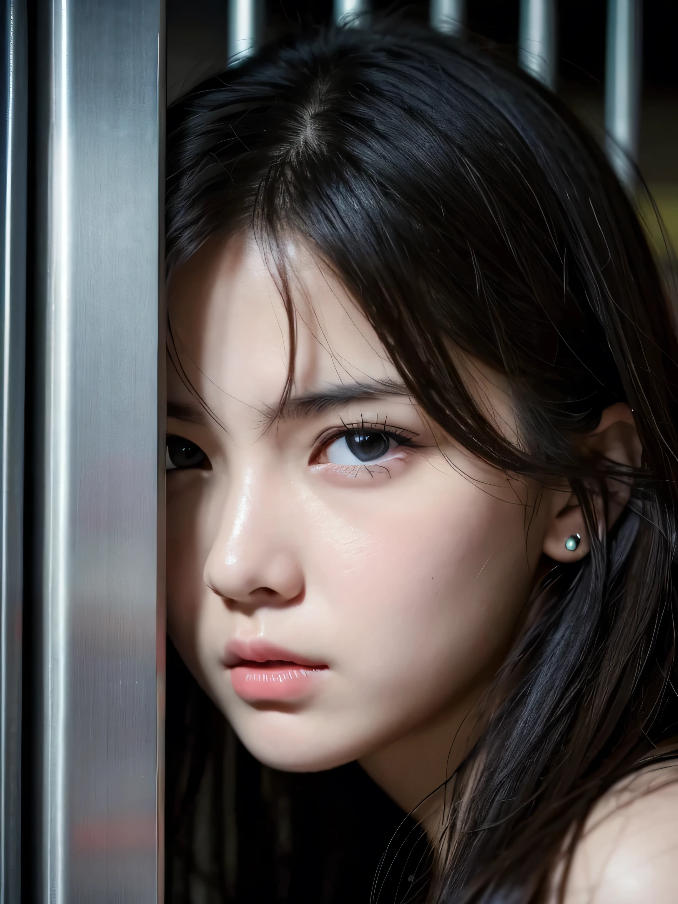 A close-up shot captures the defiant spirit of a stunning female , her long hair tangled amidst the metal grates of her cell door. Her piercing black eyes flash with determination as she gazes directly at the camera, soft focus and warm lighting highlighting her porcelain skin and full lips. , a testament to her unyielding resolve.