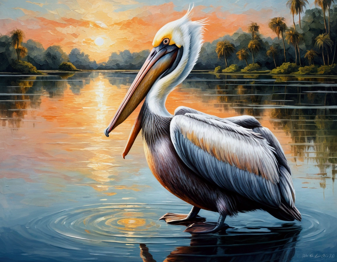a majestic pelican standing in a serene lake, detailed hand-drawn illustration, oil painting style, impasto brush strokes, dreamlike and romantic atmosphere, exquisite details, high resolution, elegant