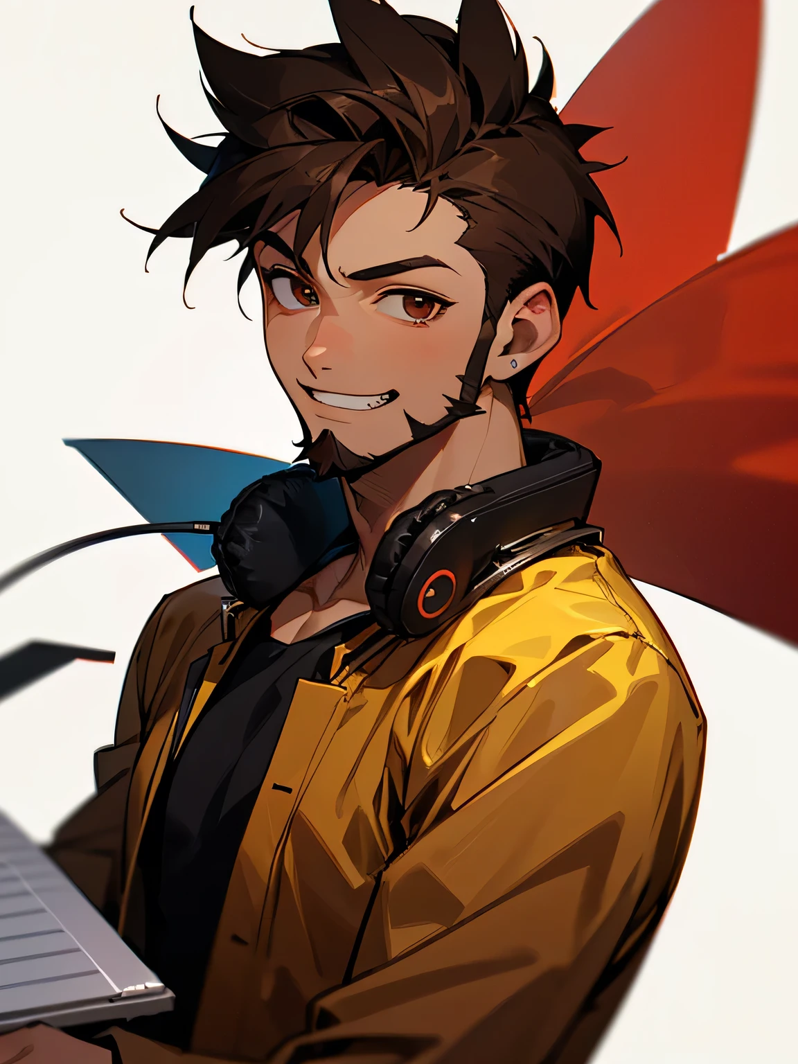 solo,35yo,man,very short spiked hair:1.2,deep brown hair,dark skin:1.3,(no bangs),male's eye,male's nose, male's mouth,beard:0.6,grin,Headphones、Summer clothes musician、white simple background,I am the main character、