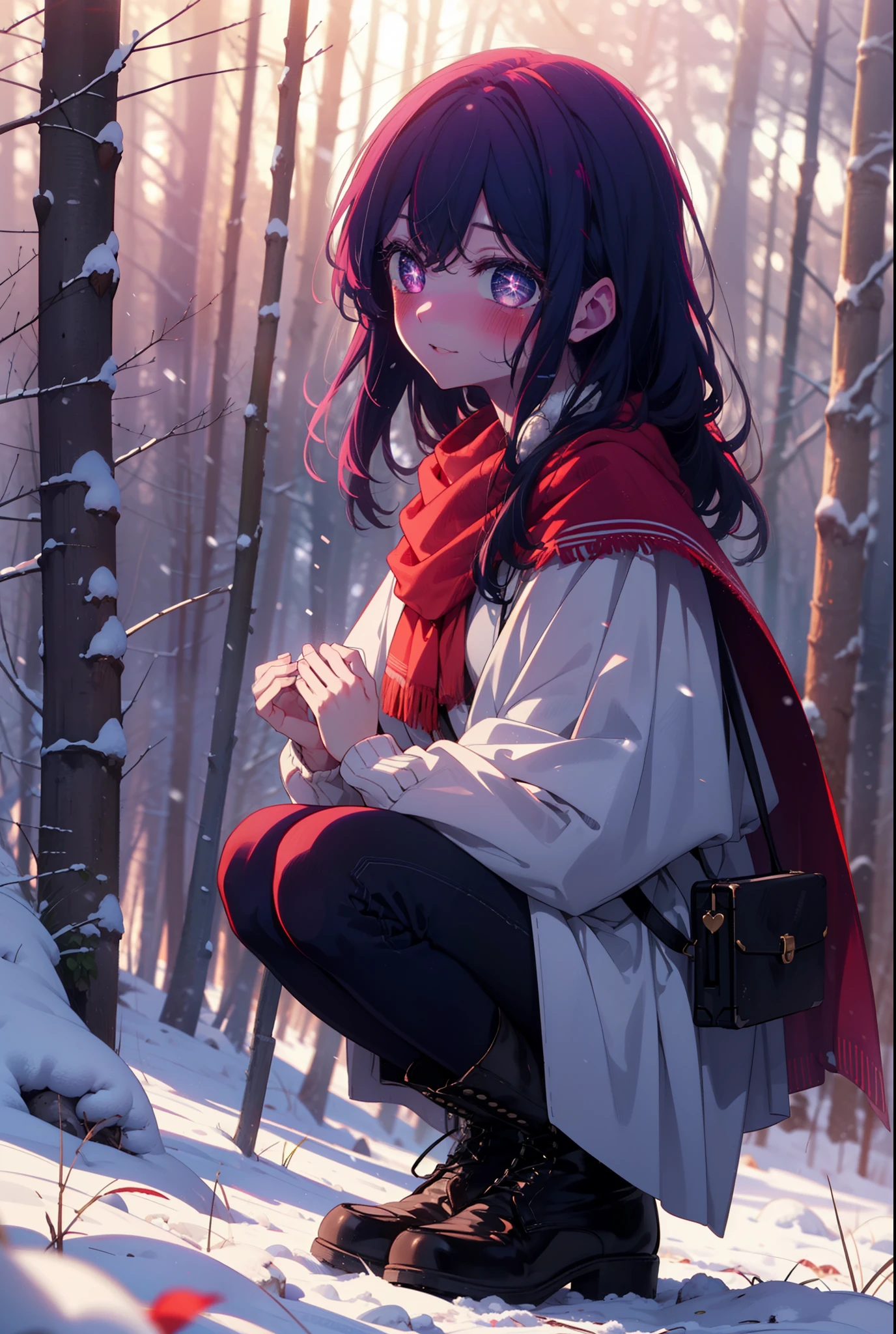 aihoshino, Ai Hoshino, Long Hair, bangs, (Purple eyes:1.1), Purple Hair, (Symbol-shaped pupil:1.5), smile,,smile,blush,white breath,
Open your mouth,snow,Ground bonfire, Outdoor, boots, snowing, From the side, wood, suitcase, Cape, Blurred, , forest, White handbag, nature,  Squat, Mouth closed, Cape, winter, Written boundary depth, Black shoes, red Cape break looking at viewer, Upper Body, whole body, break Outdoor, forest, nature, break (masterpiece:1.2), Highest quality, High resolution, unity 8k wallpaper, (shape:0.8), (Beautiful and beautiful eyes:1.6), Highly detailed face, Perfect lighting, Extremely detailed CG, (Perfect hands, Perfect Anatomy),