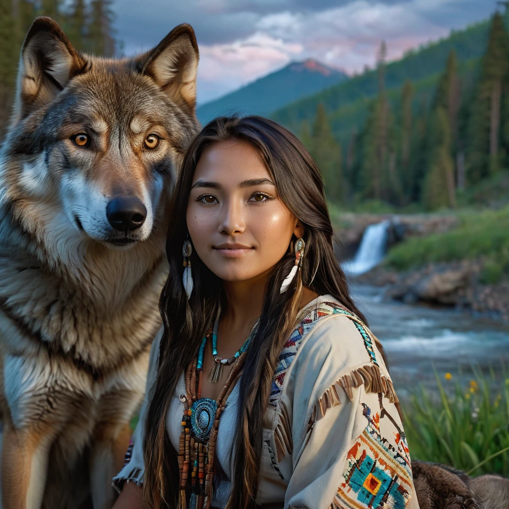 (grainy:0.5), cinematic, beautiful girl 25 year old,native american,fantasy,(solo:1.3), detailed brown eyes, detailed face, detailed native American sexy clothing , volumetric lighting, dusk, extremely detailed background, standing next to forest, mountains, flowers, water fall, smiling, half closed eyes, tilted head, from side, sitting next to her wolf