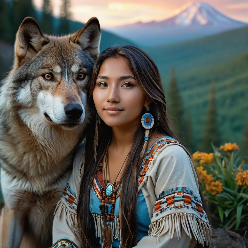 (grainy:0.5), cinematic, beautiful girl 25 year old,native american,fantasy,(solo:1.3), detailed brown eyes, detailed face, detailed native American sexy clothing , volumetric lighting, dusk, extremely detailed background, standing next to forest, mountains, flowers, water fall, smiling, half closed eyes, tilted head, from side, sitting next to her wolf