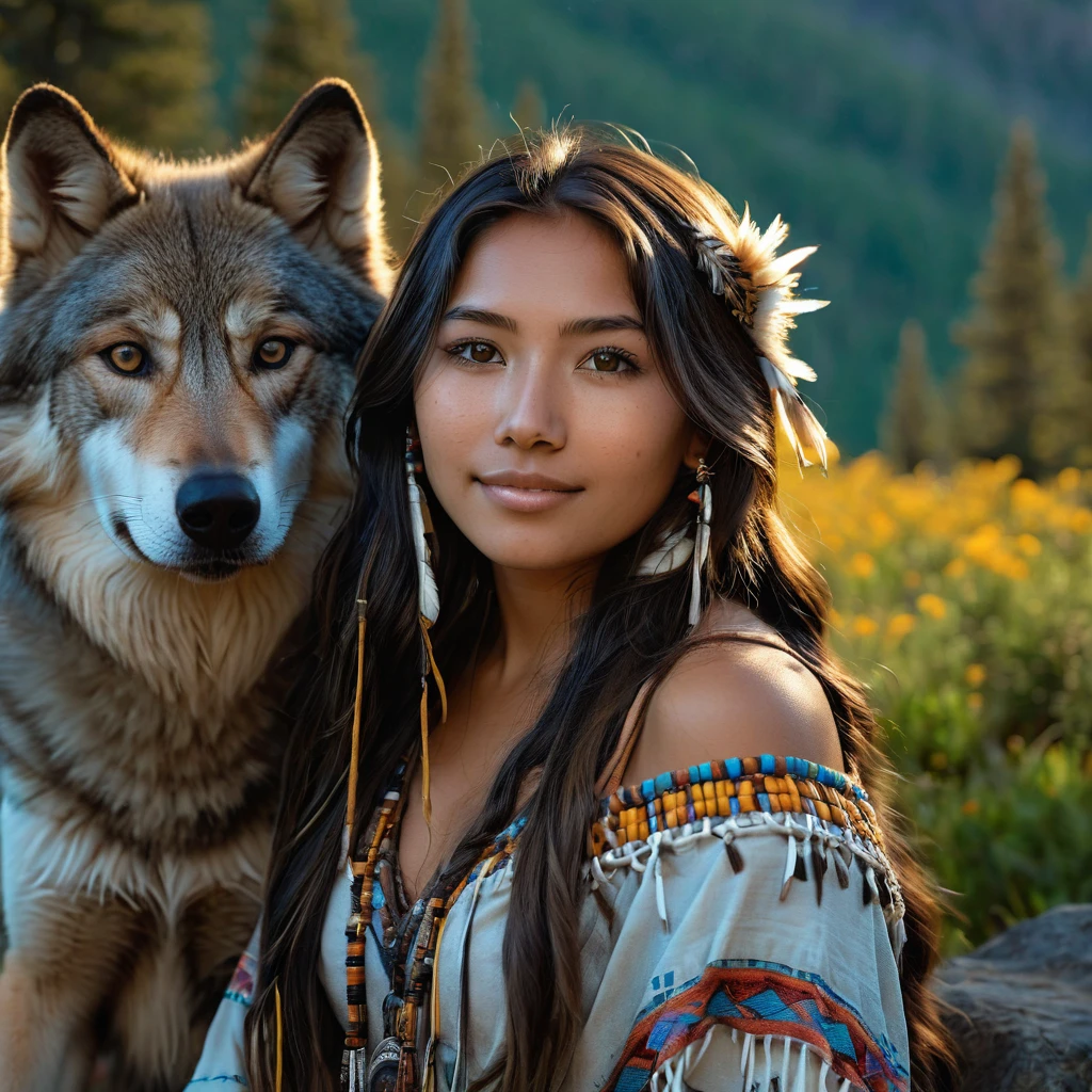 (grainy:0.5), cinematic, beautiful girl 25 year old,native american,fantasy,(solo:1.3), detailed brown eyes, detailed face, detailed native American sexy clothing , volumetric lighting, dusk, extremely detailed background, standing next to forest, mountains, flowers, water fall, smiling, half closed eyes, tilted head, from side, sitting next to her wolf