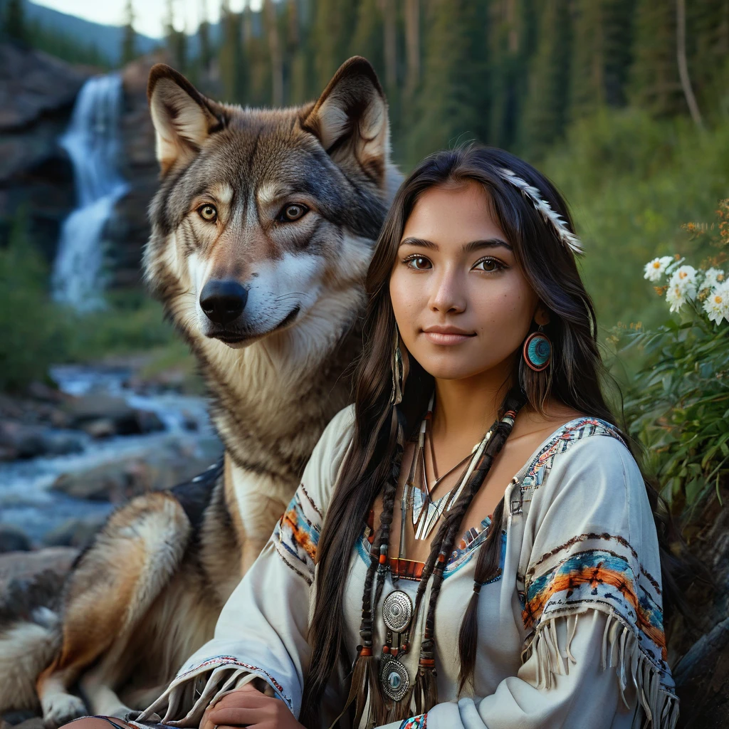 (grainy:0.5), cinematic, beautiful girl 25 year old,native american,fantasy,(solo:1.3), detailed brown eyes, detailed face, detailed native American sexy clothing , volumetric lighting, dusk, extremely detailed background, standing next to forest, mountains, flowers, water fall, smiling, half closed eyes, tilted head, from side, sitting next to her wolf