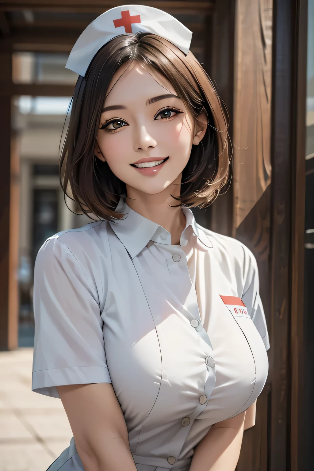 ((1 female, 40 years old)), ((Nurse cap and short nurse uniform)), masterpiece, ((Big Breasts)), grin, (Sexy pose), (very tanned and shiny skin), (Skin dents), photoRealistic, Realistic, alone, photoRealistic, Highest quality, Ultra-high resolution, Yura S, Outdoor, colorful, Daytime setting, beautiful, masterpiece, Highest quality, Very detailedな顔, Perfect lighting, Ultra-high resolution, Very detailed, (background: hospital)
