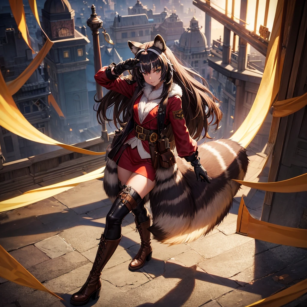 Raff, Raccoon ears, Raccoon Girl, Animal ears, long hair, brown hair, raccoon Tail, Tail, Gloves, brown Gloves, sash, Long boots, High Leg Raise, Absolute opportunity, red belt, masterpiece, best quality, alone, movie lighting, looking at the audience, whole body