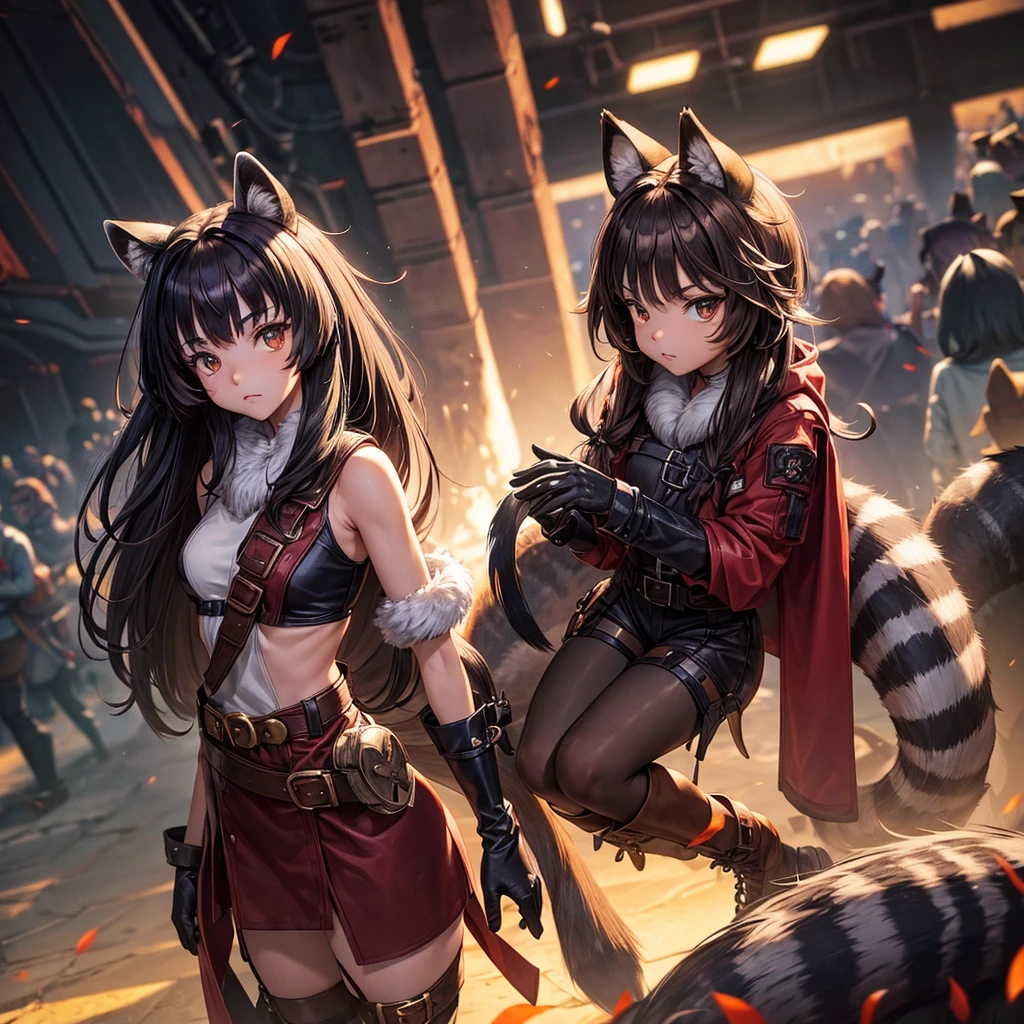 Raff, Raccoon ears, Raccoon Girl, Animal ears, long hair, brown hair, raccoon Tail, Tail, Gloves, brown Gloves, sash, Long boots, High Leg Raise,  Absolute opportunity, red belt, masterpiece, best quality, alone, movie lighting, looking at the audience, whole body