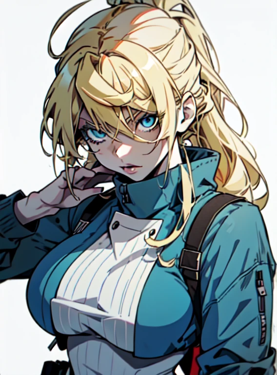 ((one girl)), close up shot of a anime girl with long thin light blonde hair tied in a ponytail looking at the viewer with a seductive look, lips half open, dynamic pose, (((pale skin))), multicolored hair blonde and blue, blue eyes, (((wearing modern urban clothes fashion))), (((big breasts))), blonde anime girl with long hair, white background