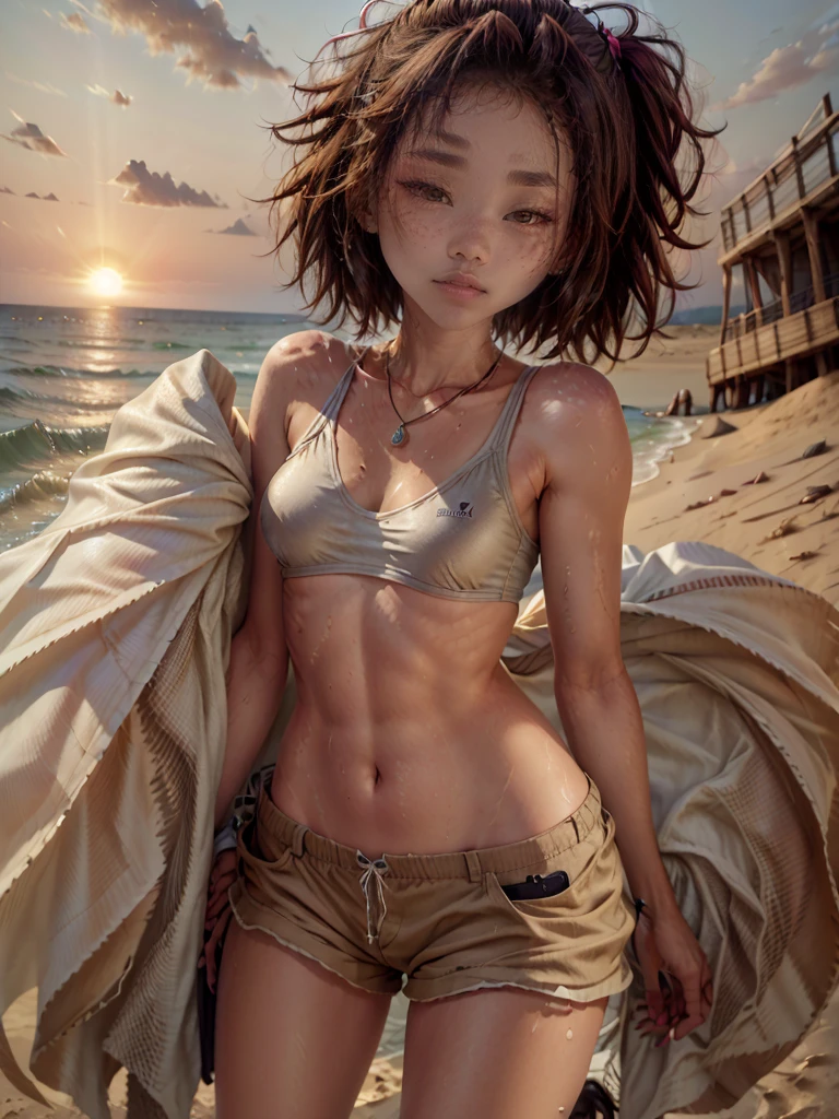 18 year old girl playing with dog on beach, dog, girl, sunrise, early morning, border collie, happy face, sporty, sports bra, shorts, sweaty, super skinny, very detailed, detailed face, blonde hair, rachel cook, long torso, dark tanned skin, barefoot, sandy, necklace