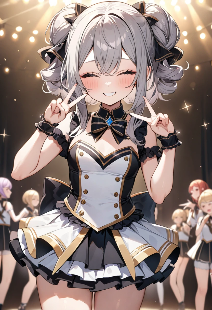 (masterpiece, top quality, very aesthetic, 4k、illustration), intricate detail, 1woman,、solo,contrapposto 、,(cowboy shot)、(),Cute、closed eyes、fan service、double v sign、happy smile、Random Hairstyle、Random Hair Color、,middle hair,sidelock ,Random Color　eyes、idol clothes、small breasts、Slim 、