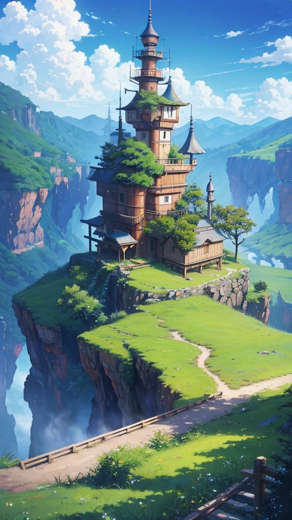 Practical, for real, Beautiful and stunning landscape oil painting Hayao Miyazaki Studio Ghibli'Petal grassland with blue sky and white clouds--v6