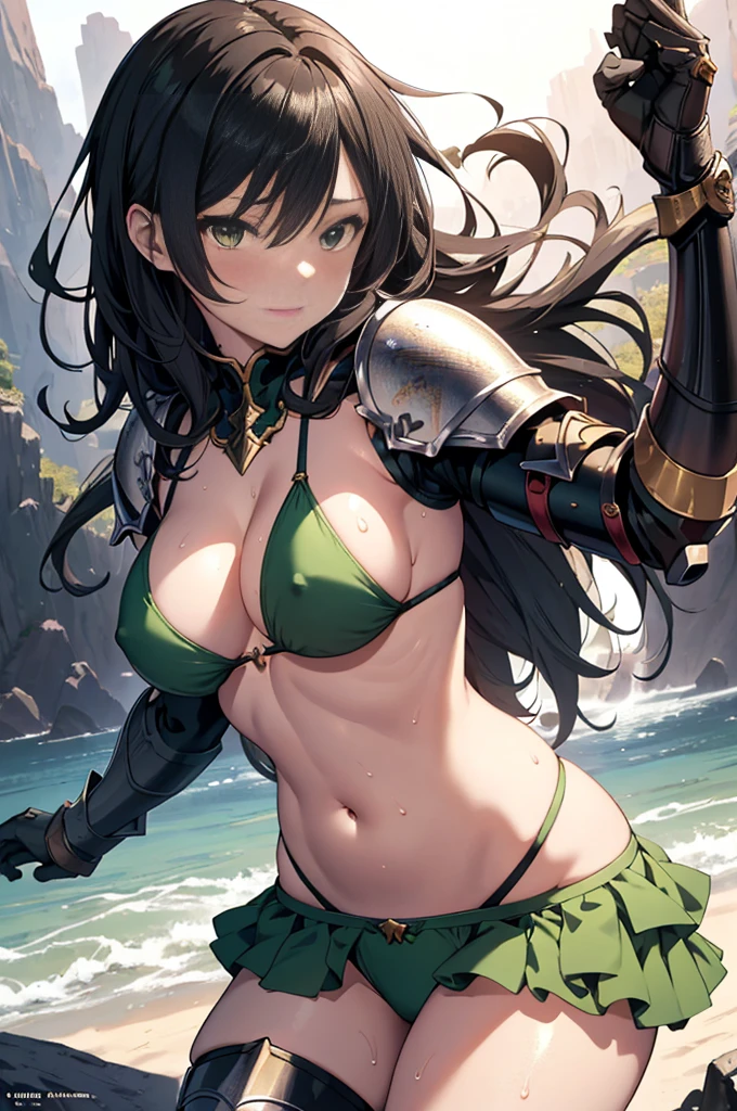 nsfw,8k,Masterpiece,(Green Bikini),((A woman wearing separate armor)),female knight,Mature Woman,28 years old,Bikini Armor, Beach,The world of fantasy games set in another world,Sexy anime characters,Slender figure,Cleavage,belly button,Short Bob,Black Hair,Shy smile,Flushed Cheeks, Knight Girl, Very detailed fan art, Detailed digital anime art, Anime Goddess, Anime illustration, Girl in Armor,Beautiful expression right down to your fingertips,Looking at the audience,Sweaty, glistening skin,Side view composition,Angle from below,Thigh close-up