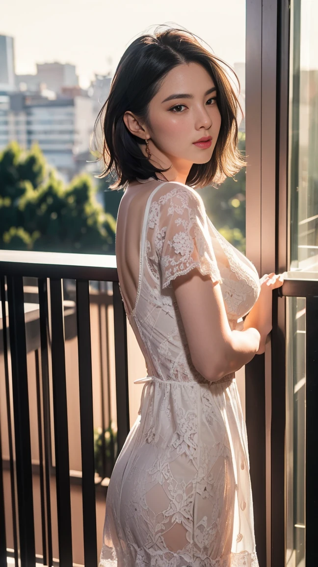 Full body of a very beautiful woman standing on the balcony of a European castle,At night,She seduces the viewer,She is trying to take off her dress,Side angle,Upward-facing buttocks,(Arch your back),Sexually arousing facial expressions,(She is wearing a red lace dress),(((Dress being taken off))),See-through dress,See-through,revealing sexy dress,Sex Appeal,Sensual 40-year-old,sex appeal,Bold,(masterpiece),(Highest quality),(8K),(Super fine),(Super detailed),slender,skinny,Perfect proportions,Perfect body,Large Breasts,Cleavage,Small waist,Waistline,Big Ass,The background is a night city,Looking at this,A little small face,Very beautiful face,double eyelid,Detailed eyes,Beautiful eyes,Open your eyes slightly,Long eyelashes,Natural Lip,Stunningly beautiful face,Mature body,Erotic body type,A seductive gaze,(Lift your chin),(Sexual climax),Ecstatic expression,Ecstasy,Bewitching atmosphere,Earrings,Gorgeous necklace,Stand all over the body,Long legs,Beautiful feet,(Short bowl cut hair),((Gray Hair:1.2)),(Anatomically correct body),Physical-level rendering,Anatomically correct feet,Anatomically correct fingers,(nsfw:1.2)