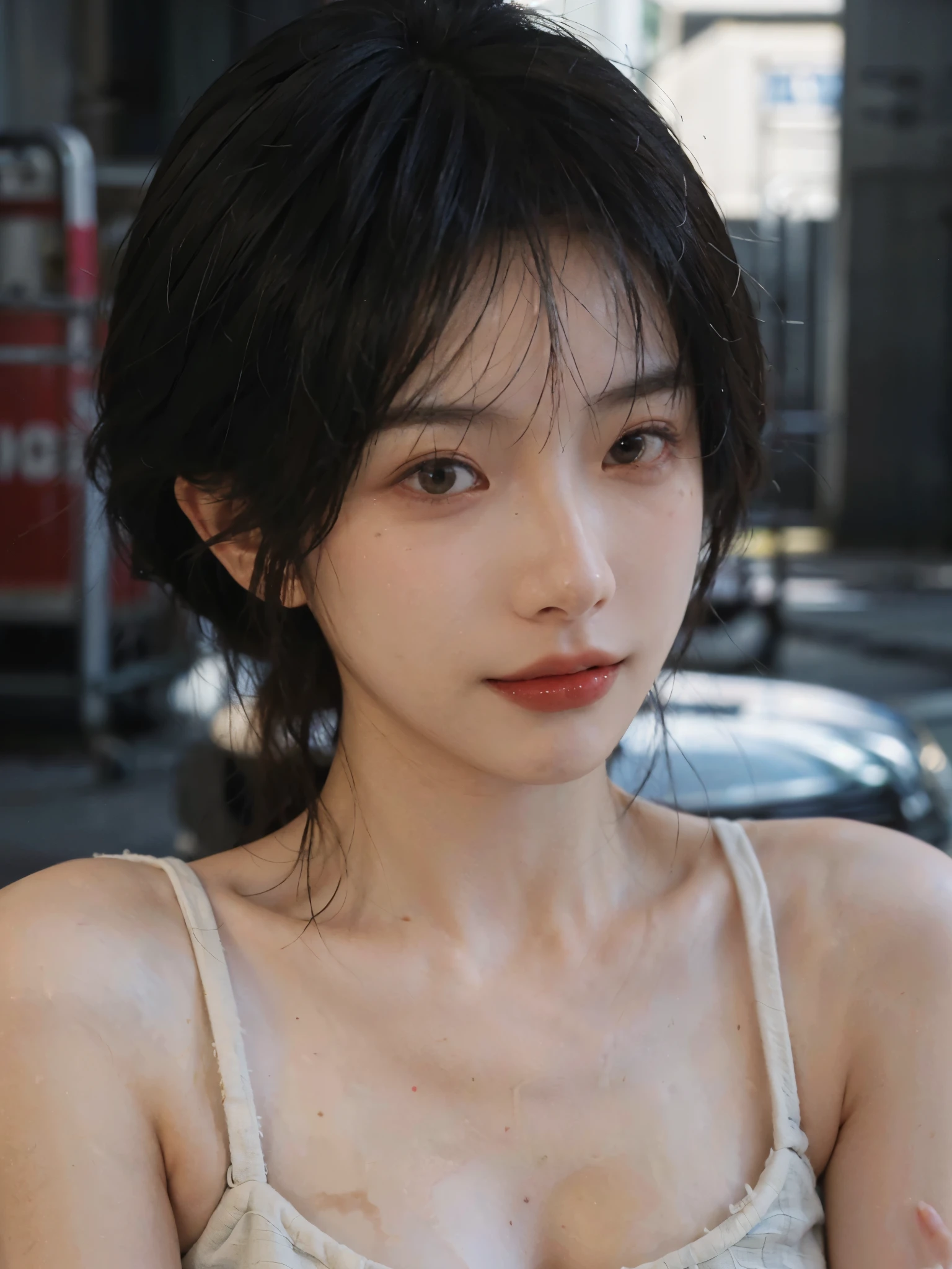 (Skin details:1.4), (smooth skin textures:1.3), (Upper body:1.4),(Upper Body:1.3)Lipstick, background, earrings, serene, calm, (Realistic and detailed eyes:1.2), Natural skin texture, Realistic facial details, Soft dramatic lighting, Vivid details, 35 mm film, outdoor, (Photo Practical:1.4), (hyper Practical:1.4), (Practical:1.3), (Smoother lighting:1.05), (Improve lighting quality:0.9), (Highest quality real skin textures:1.4), Exquisite eyes, Delicate face, Close-up of face, (Enhance the beauty of skin texture:1.1), Hair details,(Large Breasts:1.3)normal body ratio, short hair, Moles under the eyes, A faint smile,Portrait Photography, Depth of Field, Bokeh, Surrealism, Ray Tracing, (Portrait Photography:1.1), Surrealism, High Detail, Chiaroscuro, Ray Tracing, reflected light, Ultra HD, Ultra HD, masterpiece, Textured Skin, Super Detail, High Detail, high quality, best quality