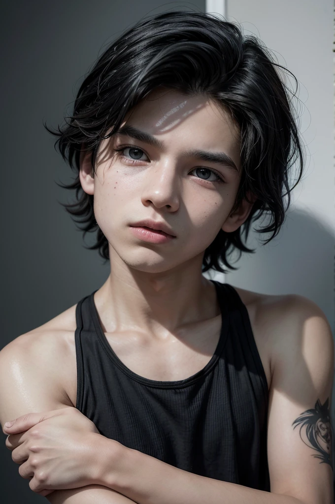 a high-contrast cinematic photograph of a ager, reminiscent of Disney's 3D animation style, with short, wavy hair reaching up to his ears, adorned with eclectic black tattoos on his arms and shoulders, showing his free-spirited, surprised personality with something he saw, which shows his face with his mouth slightly open and an astonished expression, against an immaculate and clean white background that accentuates his features, captured in a dynamic and diagonal photo that conveys a feeling of energy, as if frozen in the middle of the way, evoking a sense of fright with attention to intricate detail, texture and lighting that suggest a realistic photo shoot.