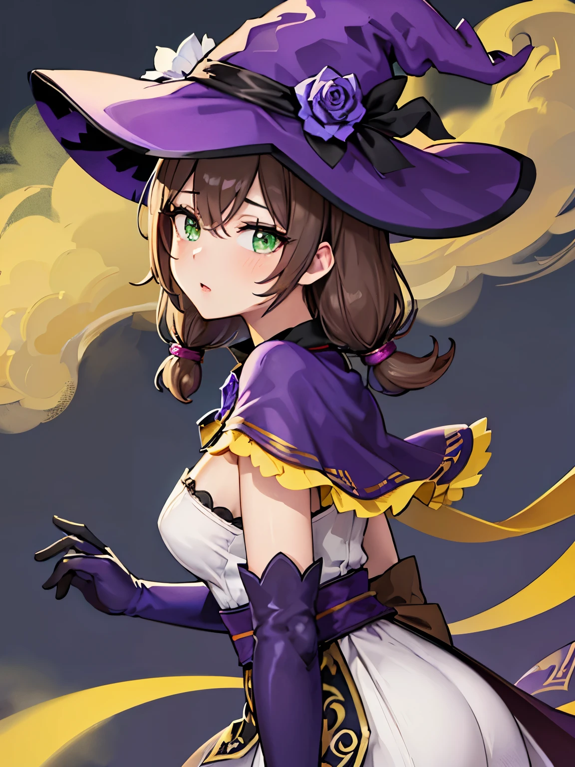 masterpiece, Highest quality, (fart, farting, Yellow gas, 顔farting:1.3), ((お尻からのfart)), Yellow smoke, beautiful girl, Perfect Face, Arms at your sides, whole body, Lisa (Genshin Impact), urple witch hat, Green Eyes, Brown Hair, (Facing the children_v1:0.008), (European:1.6), bangs, dress, Rose, jewelry, witch, Capelet, Purple hat, Black gloves, Purple Flower, Hair between the eyes, purple Rose, Lips parted, purple Capelet, Hat Flower, multicolored dress, hair ornaments, windmill, From the side,