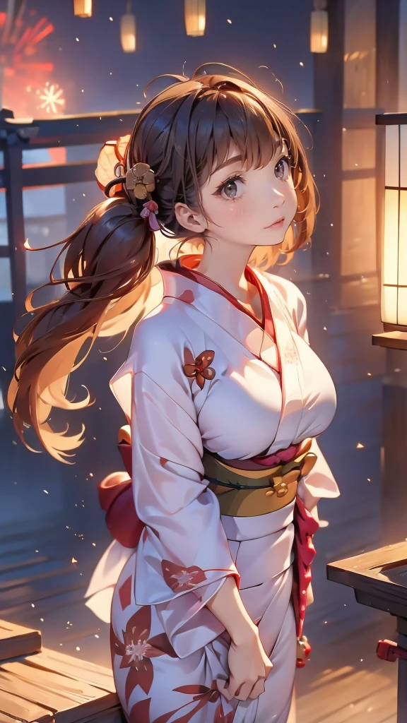 ((Looking up at the fireworks:1.5)),((One girl:1.5),Curvy,,Beautiful breasts,Large Breasts,Pale skin,(Erect nipples)),((Long Hair),(Thin Hair:1.8),(Twin tail hair:1.5),(Swept-apart bangs:1.5),(Very light coppery amber hair:1.5),(Hair on one eye:1.2)),((Realistic),8k,Ultra HD,High resolution,Highest quality,masterpiece,(Presence:1.5),(dynamic:1.5),(bold:1.5)),((Dressed:1.5),(Japanese Yukata:1.5))