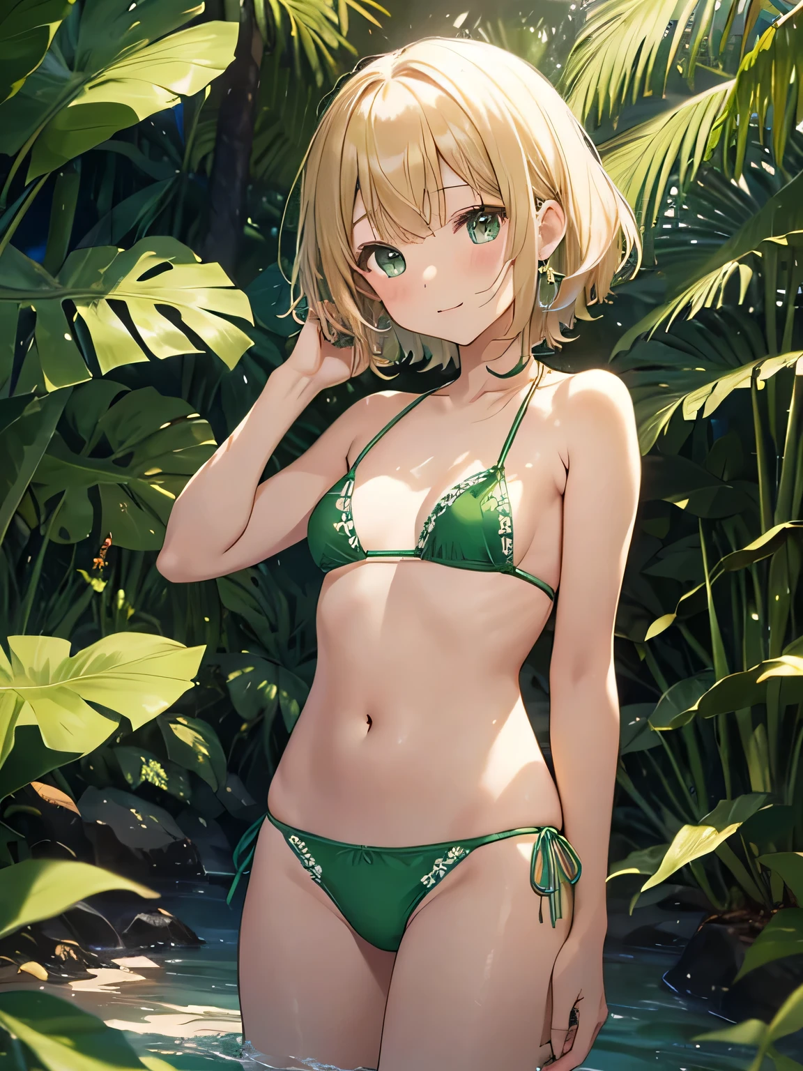 Highest quality、Very delicate and beautiful、Elementary school girl、(Two people)、5th grade elementary school、(((Green micro bikini)))、mesugaki、Laughter、Blonde、(Brown Skin)、Jungle background、standing、short hair