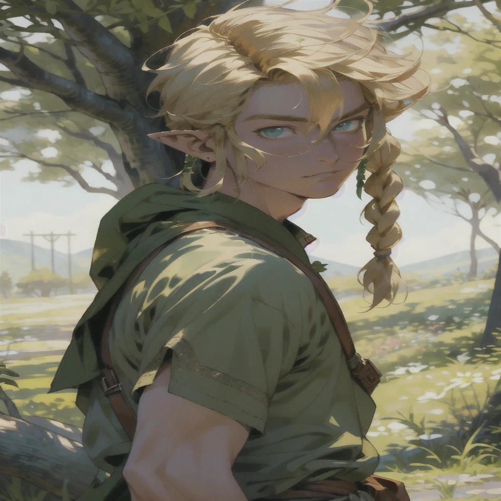 Realistic, (masterpiece, top quality, best quality, official art,), very detailed, most detailed, (1boy:1.3), gods, blonde hair, mysterious, handsome man, ((zelda style)), prairie, herdsmen, pale green clothes, ornaments, earrings, single braids