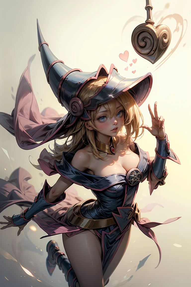 (masterpiece:1.2), (Best Quality:1.2), Perfect lighting, Black Magician Girl Casting a Spell, 20th Generation, Floating in the air, Big Breasts, Neckline, Blue Robe, Big hat, From above, shine, Yu-Gi-Oh! Games, The magic of the heart. Heart Light, Romantic heart