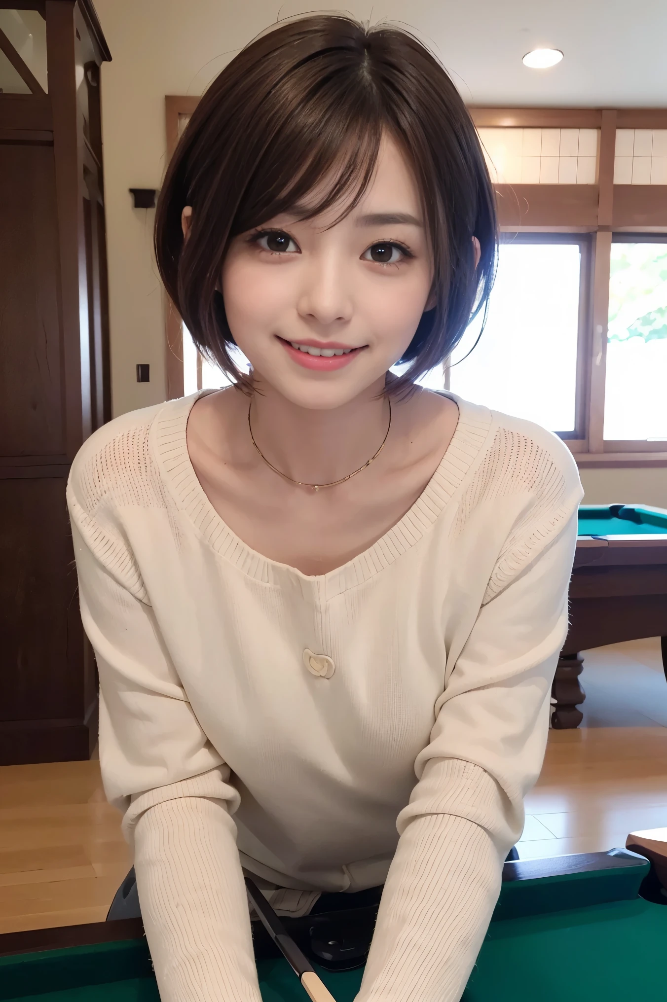 Cute 21 years old Japan、Billiards、Super Detail Face、Eye of Detail、double eyelid、beautiful thin nose、sharp focus:1.2、prety woman:1.4、(light brown hair,short-haired、),fair white skin、top-quality、​masterpiece、超A high resolution、(Photorealsitic:1.4)、Highly detailed and professional lighting smile、Red sweater、Shortcut Hair、