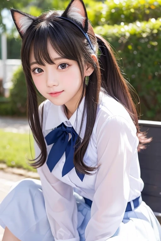 Cute Girls、high school girl、Idol、uniform、See-through、Fluttering in the wind、White cat ears、sit