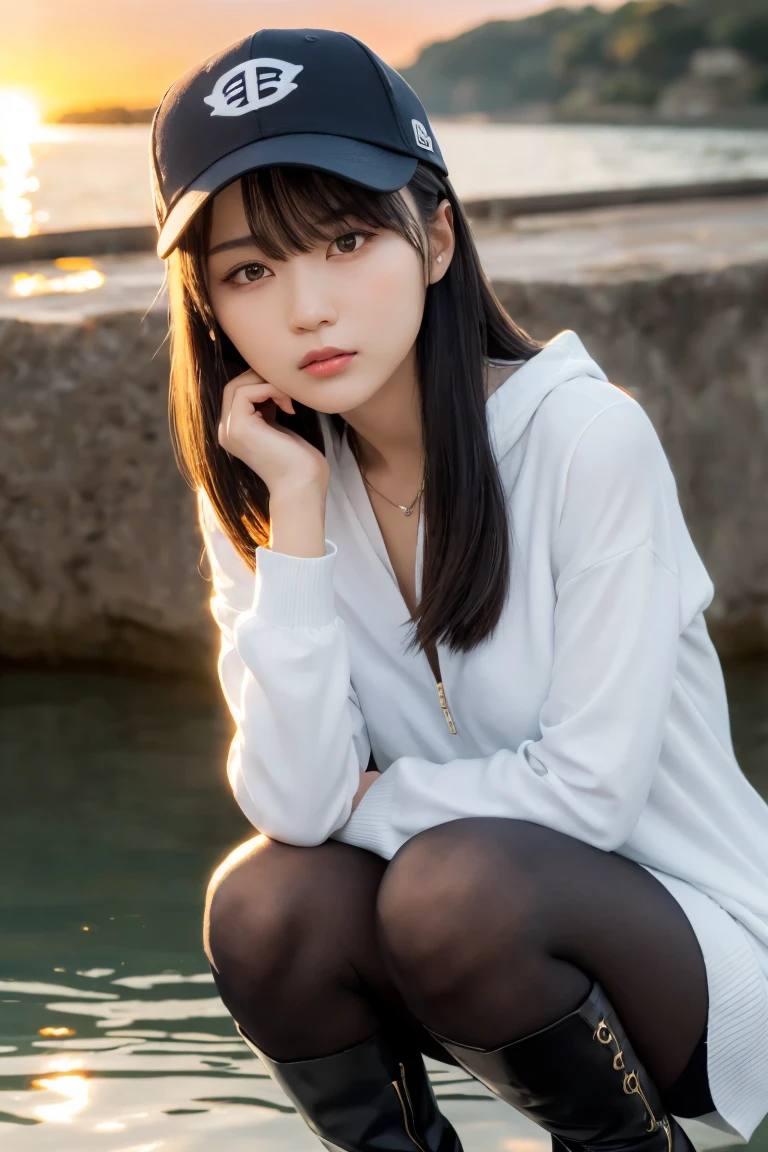 Medium Shot, Medium Shot, Depth of written boundary, bust, Upper Body, Movie angle, masterpiece, Highest quality, Very detailed, CG, 8k wallpaper, Pretty face, Delicate eyes, country々, alone, Long white hair, Yellow Eyes, hairpin, White shirt, black hooded jacket, Black baseball cap, Black Stockings, Black knee-high boots, sunset, 中世のport, port, Detailed water surface, Sun reflection