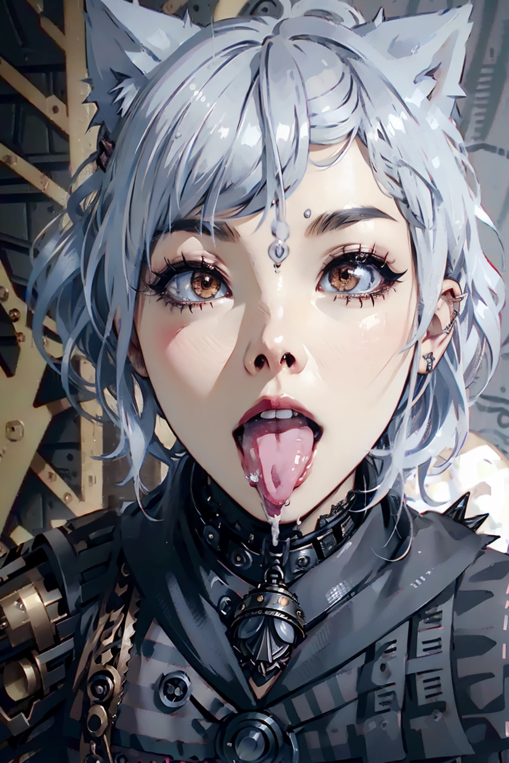 masterpiece, Highest quality, (Face close-up, Sticking out a long tongue, Ahegao:1.3), beautiful girl, happiness, smile, Beautiful and detailed, Narrow eyes, Dark Eyes, amount, Thin eyebrows, Eyelash extensions, (Silver Hair, Wavy bristles, Short Hair:1.3), Gal Makeup, (Nose hook:1.3), (Punk rock outfit, Wolf element added:1.3), (Steampunk background:1.3), (Drooling:1.3)