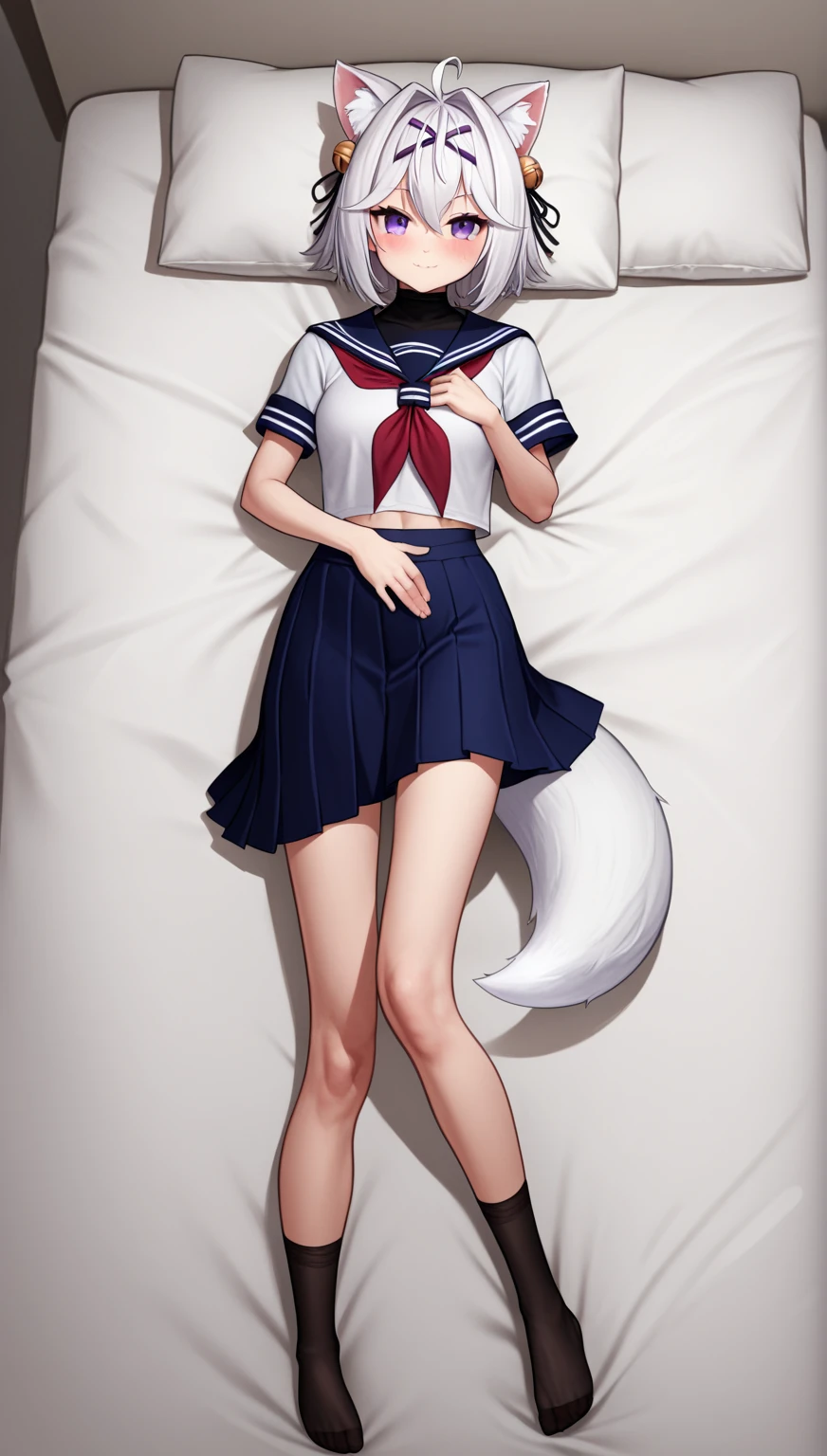 UHD, masterpiece, best quality, extremely detailed, anatomically correct, sharp focus, midnight, frontal light, full body light, soft light, diffused light, shade, no shadow, messy bed, lying on bed, 1girl, solo, Filian, fox tail, small cat ears, white hair, short hair, ahoge, hairclip, hair ornament, hair bell, big eyes, deep violet eyes, blush, closed mouth, slight smile, serafuku, red neckerchief, swimsuit under clothes, covered navel, blue skirt, black stockings, slim arms, slim legs, Eye-Level Shot, front view, full body pose,innocent pose