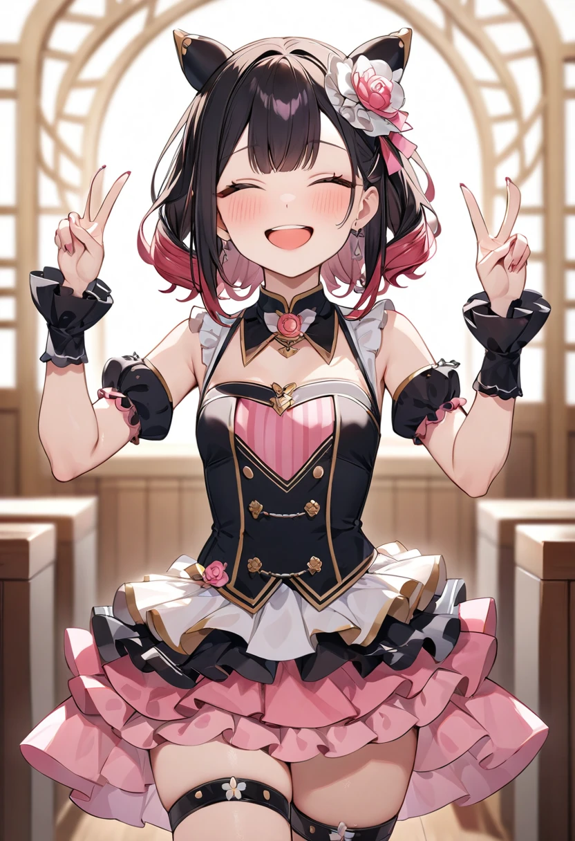 (masterpiece, top quality, very aesthetic, 4k、illustration), intricate detail, 1woman,、solo,contrapposto 、,(cowboy shot)、(),Cute、closed eyes、fan service、double v sign、happy smile、Random Hairstyle、Random Hair Color、,middle hair,sidelock ,Random Color　eyes、idol clothes、small 、Slim 、
