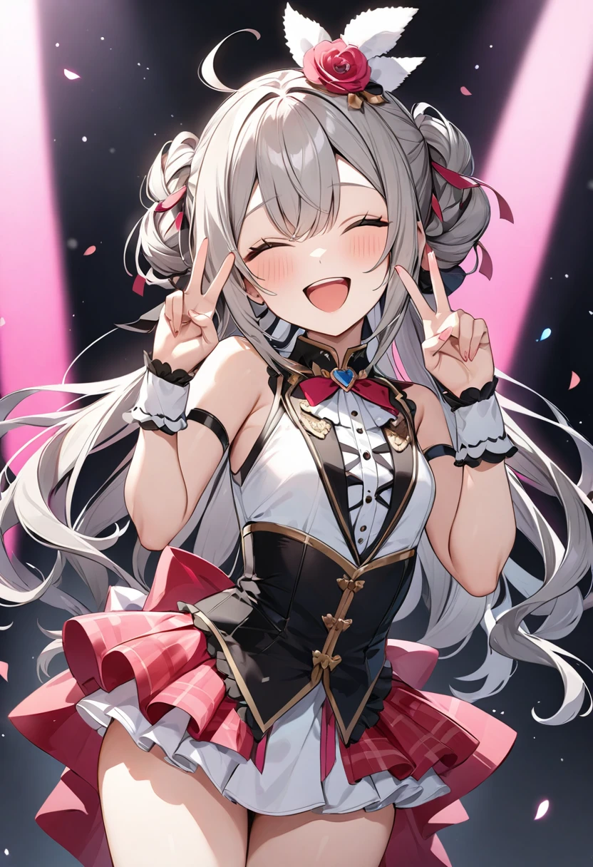 (masterpiece, top quality, very aesthetic, 4k、illustration), intricate detail, 1woman,、solo,contrapposto 、,(cowboy shot)、(),Cute、closed eyes、fan service、double v sign、happy smile、Random Hairstyle、Random Hair Color、,middle hair,sidelock ,Random Color　eyes、idol clothes、small breasts、Slim 、