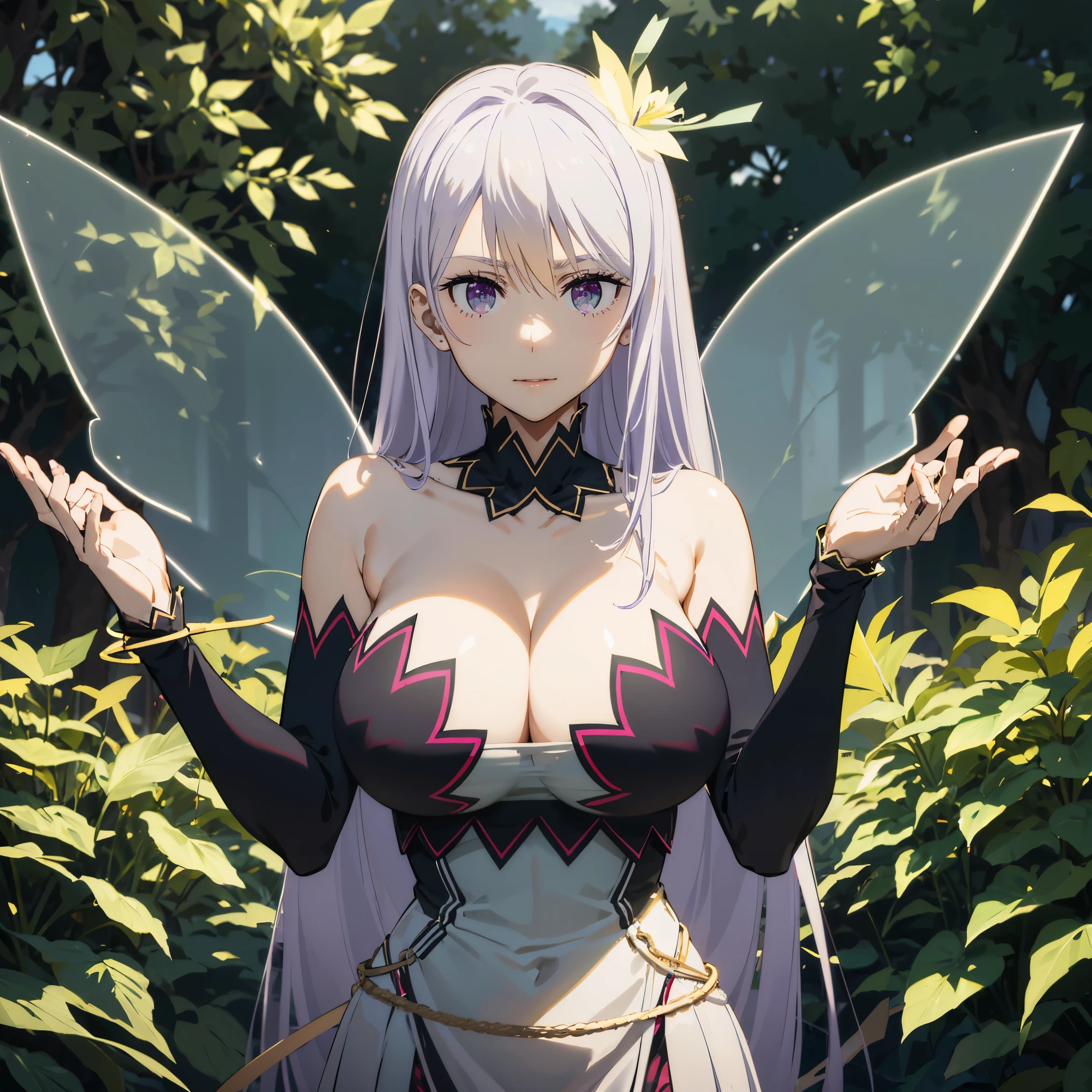 masterpiece, ((royal dressed)), ((wing)), halo, (best quality), (solo), 1girl, reona, silver hair, purple hair , (long skirt), long hair, purple eyes, sexy woman, hair between eyes, hair ornament, vibrant colors , natural lighting, RTX, (huge tits), (detailed face:1.2), (perfect eyes:1.1) ,(photorealistic:1.1), 8k uhd, looking a viewer, outdoors, simple backround, smile, (upper body), standing pose, ((open legs), forest, tree, cleavage