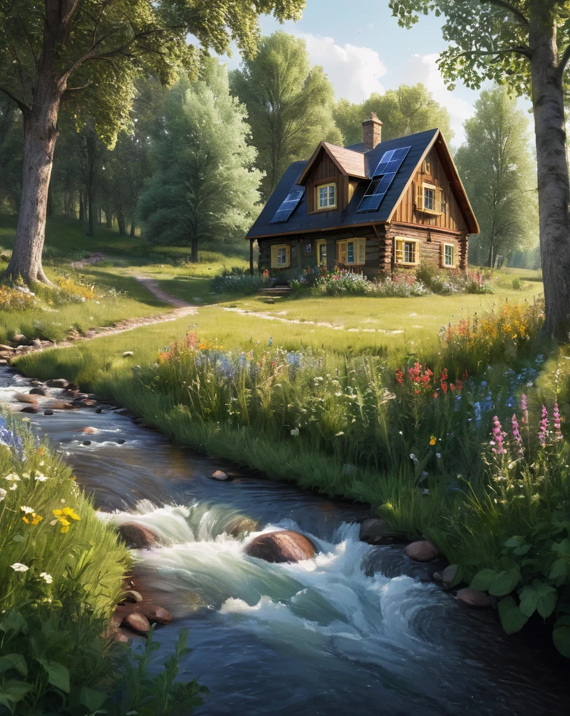 a meadow filled with wildflowers Style-Petal, of various colors, by lee jeffries nikon d850 film stock photograph 4 kodak portra 400 camera f1.6 lens rich colors hyper realistic lifelike texture dramatic lighting unrealengine trending on artstation cinestill 800unded by tall, lush trees with new leaves, and a gentle breeze blowing through. In the distance, there is a (cottage:1.3) and a river, masterpiece, best quality, high quality, Under the tree there is a small wooden two-story house. On the gable roof of the house there is a solar battery.