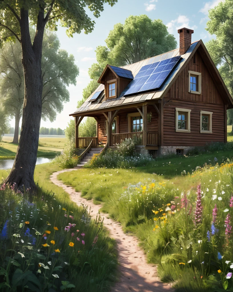 a meadow filled with wildflowers Style-Petal, of various colors, by lee jeffries nikon d850 film stock photograph 4 kodak portra 400 camera f1.6 lens rich colors hyper realistic lifelike texture dramatic lighting unrealengine trending on artstation cinestill 800unded by tall, lush trees with new leaves, and a gentle breeze blowing through. In the distance, there is a (cottage:1.3) and a river, masterpiece, best quality, high quality, Under the tree there is a small wooden two-story house. On the gable roof of the house there is a solar battery.